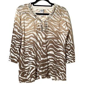 Chico’s women's size 1 (M/8) ombré brown zebra beaded cotton/linen v neck top